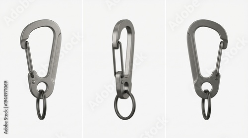 Three different views of a silver carabiner with a key ring against a white background.