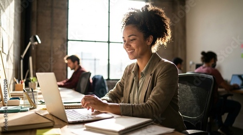 Smiling professional woman works on a laptop at a desk in a bright modern office, coworkers blur in the background, conveying focus productivity and teamwork