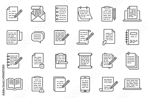 A set of 24 copywriting and document vector icon. Simple set of text related vector line icons. Writing and documents symbol icon. Vector illustration.
