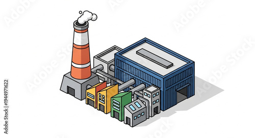 Isometric factory building with colorful modular units and smokestack.