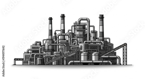 Industrial Factory Complex with Pipes and Smokestacks.