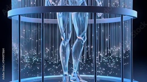 Crystalline subject in revival pod under cascading light and particle veil, translucent body glimmering with nanotech shimmer regeneration sequence visualized on reconstitution platform