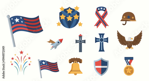 A diverse and inspiring collection of patriotic symbols and national pride icons, featuring emblems like flags, eagles, medals, and celebratory elements perfect for holidays and commemorative designs