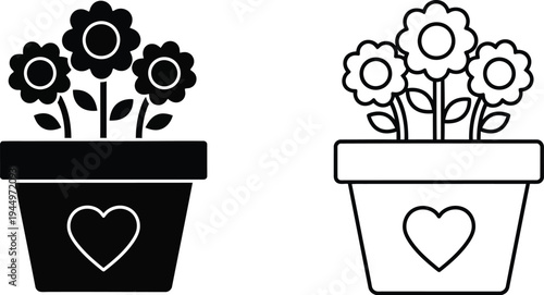 Heart flower pot black white line art Vector