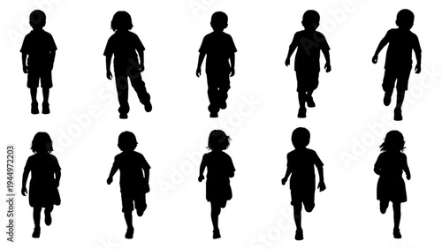 Dynamic collection of diverse child silhouettes illustrating various movements and actions