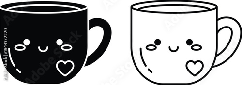 Cute coffee cups with heart faces Vector