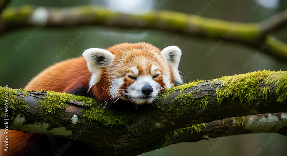 Obraz premium Red panda resting on a mossy tree branch in forest