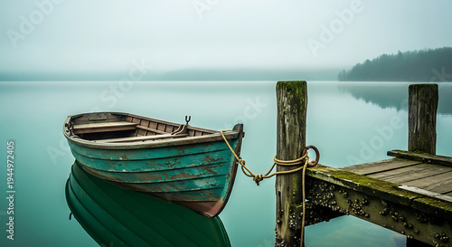 Serene lake scene with small wooden boat tied to dock