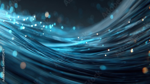 Abstract glowing fiber optic cables carrying data illuminated with blue light