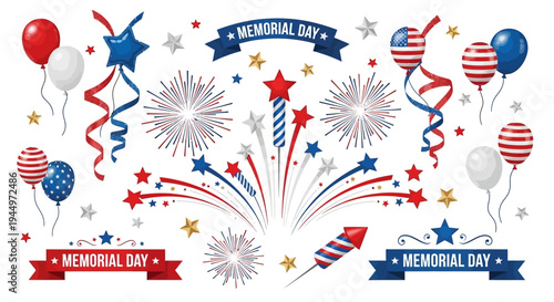 Vibrant Memorial Day fireworks, balloons, and ribbons celebrating freedom and patriotism