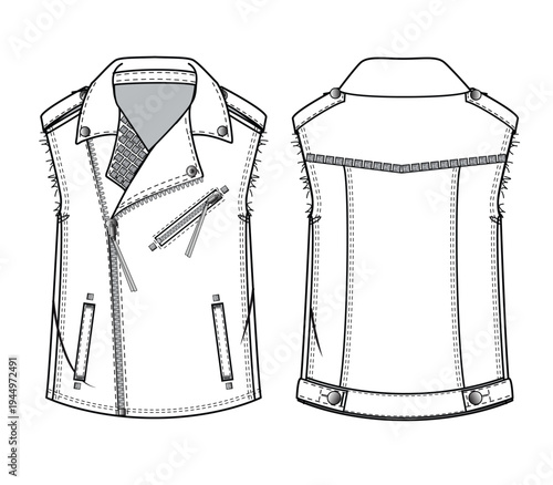 Sleeveless biker jacket front and back view technical flat design vector mockup template.