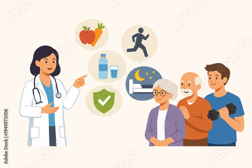Female doctor advising senior and young people on healthy lifestyle practices including balanced diet, regular exercise, hydration, and sleep for wellness, longevity, and disease prevention.