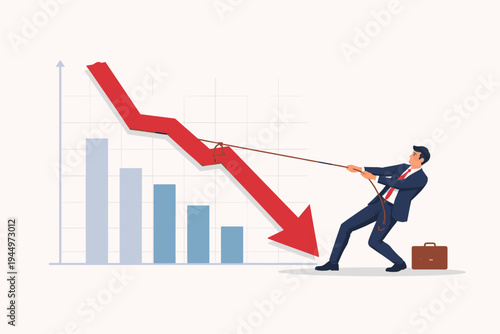 Businessman Pulling Downward Red Arrow with Rope to Stop Financial Crisis and Economic Recession Market Crash Concept Vector Illustration of Corporate Failure Business Struggle and Loss.