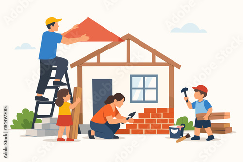 Happy Family Building a New Home Together Vector Illustration. Parents and Children Working on Construction Site with Tools, Bricks, and Ladder. Concept of Teamwork, Housing, and DIY Projects.