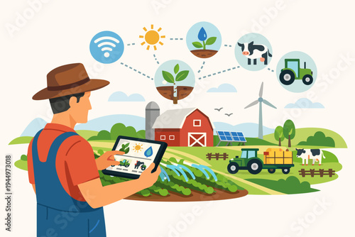 Smart Farming Vector Illustration of a Farmer Using a Tablet App to Manage Agricultural Operations, Monitoring Crops, Livestock, and Machinery with IoT Technology on a Sustainable Modern Farm.