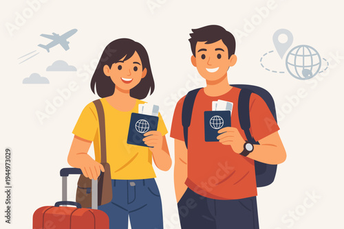 Happy Young Couple Holding Passports and Airline Tickets for International Travel, Vector Illustration of Man and Woman with Luggage Ready for Vacation Journey, Airport Departure Concept Art