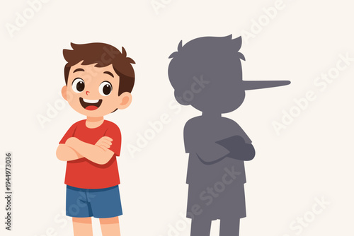 Flat Vector Illustration of a Happy Smiling Boy with a Long Nose Shadow Representing a Liar or Pinocchio Concept. Depicting Dishonesty, Deception, and Hidden Truth in Childhood Behavior and Morals.