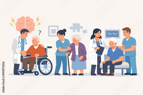 Healthcare Professionals Caring for Elderly Patients with Dementia, Alzheimer's Disease, and Brain Injuries. Flat Vector Illustration of Medical Staff Supporting Seniors with Memory Loss Issues.