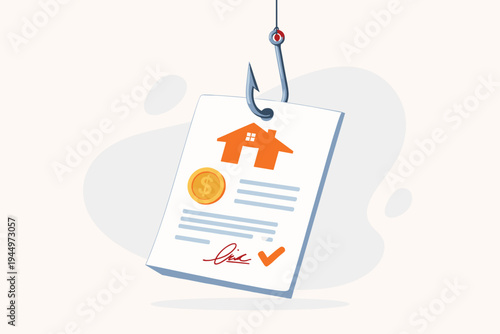 Vector Illustration of a Mortgage Document or Real Estate Contract Caught on a Fishing Hook, Representing Predatory Lending, Housing Scams, Financial Traps, and Phishing for Homeowners.