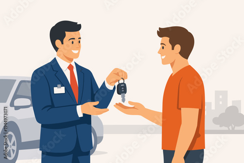 Professional car salesman in a blue suit handing over automobile keys to a happy young male customer in an orange t-shirt, silver car in background, flat vector illustration of vehicle purchase.