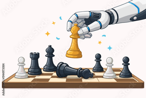 Vector illustration of a robotic hand playing chess and winning, holding a golden bishop piece over a fallen black king on a chessboard, symbolizing artificial intelligence and strategic dominance.