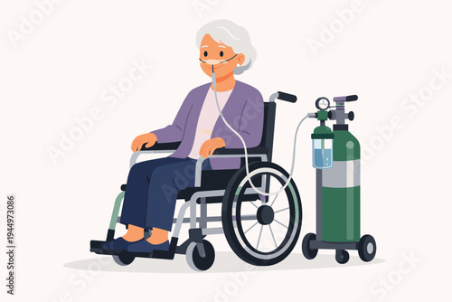 Senior woman sitting in a wheelchair receiving oxygen therapy with a portable tank and nasal cannula. Flat vector illustration of elderly patient care, medical treatment, and respiratory support.