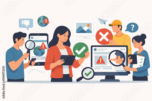 Vector Illustration of Diverse People Fact Checking Fake News and Misinformation on Social Media Platforms Using Magnifying Glasses, Warning Signs, and Digital Devices to Verify Online Truth.