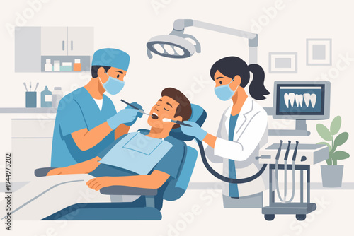 Dentist and assistant treating a patient in a modern dental clinic office with professional medical equipment, dental chair, X-ray monitor, and surgical tools in a flat vector illustration.