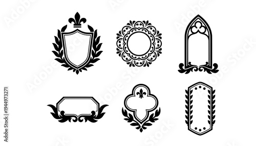 Black vintage vector element set featuring laurel wreaths, heraldic shields, gothic arches, fleur-de-lis patterns, and ornate rosette circle frames