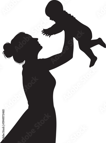 Dynamic silhouette of a mother lifting her joyful baby into the air, celebrating parenthood and playful moments.