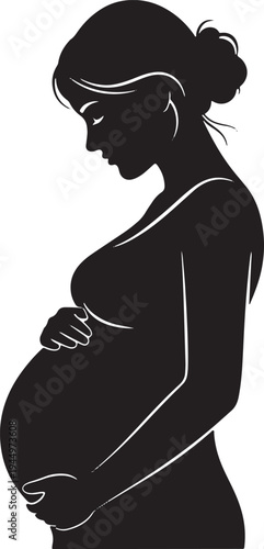 Elegant silhouette of a pregnant woman cradling her belly with gentle hands, symbolizing maternity and anticipation.