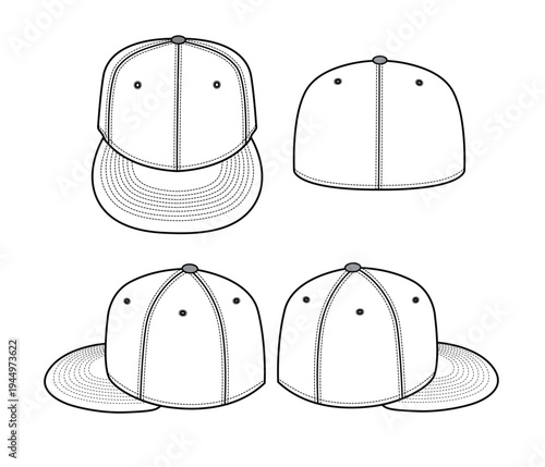 Snapback cap front, back and side view vector template technical design by adobe illustrator.