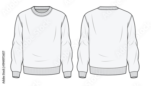 Male sweatshirts front and back view technical drawing vector mockup template.