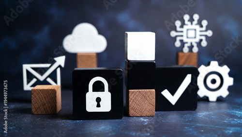 Core security and cloud computing icons are arranged around minimalist wooden blocks.