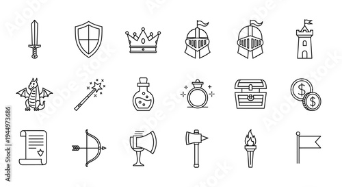 Fantasy Game Icons Set Sword Shield Crown Armor Dragon Magic Potion Treasure Chest Coins