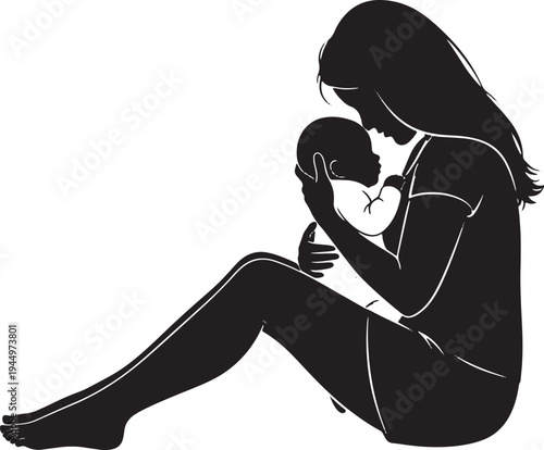 Serene silhouette of a mother sitting and holding her baby close, a moment of peaceful bonding and maternal devotion.