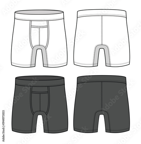 Boxer briefs for men front and back view technical flat sketch vector mockup template.