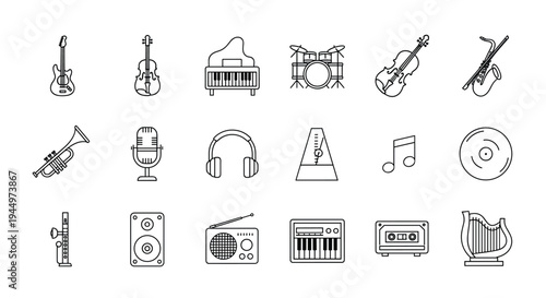 Collection of musical instruments and audio equipment icons