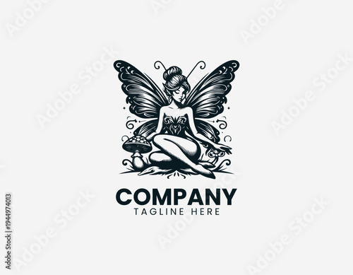 Sitting fairy with butterfly wings black vector logo illustration isolated on white background