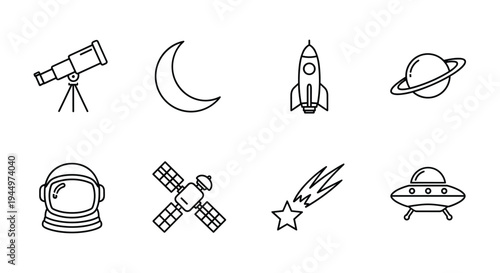 Collection of Space Icons Featuring Telescope Rocket Satellite Astronaut and UFO