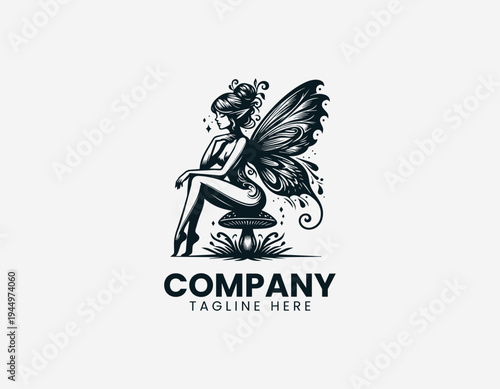 Sitting fairy with butterfly wings black vector logo illustration isolated on white background