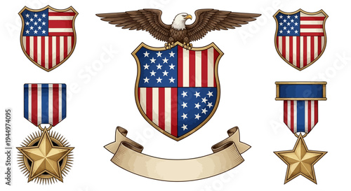 collection of American awards and symbols of honor featuring patriotic emblems and military decorations