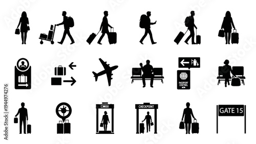 Collection of travel and airport icons showing people, luggage, and transportation