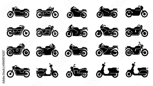 Collection of various motorcycle and scooter silhouettes for design