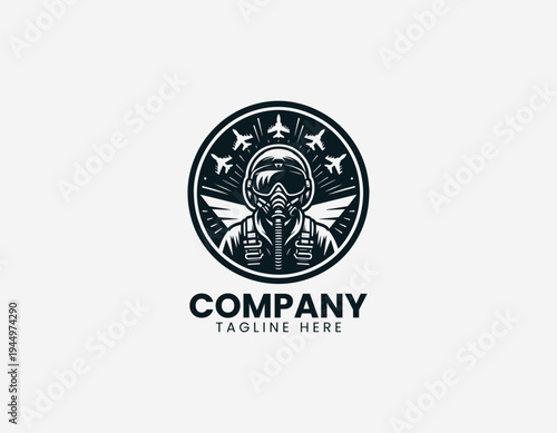 Fighter pilot with jet formation black vector logo illustration isolated on white background