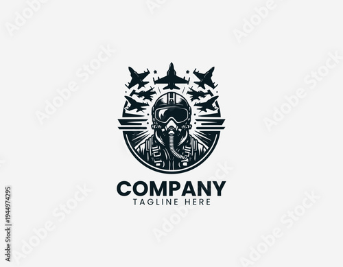 Fighter pilot with jet formation black vector logo illustration isolated on white background