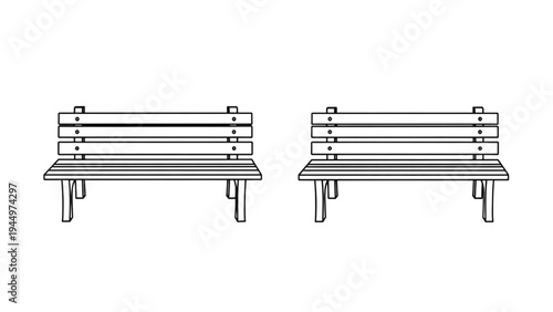 Minimalist black and white outline drawing of two classic wooden park benches, ideal for public spaces and relaxation areas