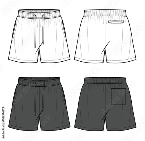 Man trunk shorts front and back view vector design technical drawing by adobe illustrator.