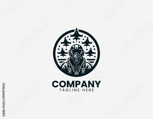 Fighter pilot with jet formation black vector logo illustration isolated on white background