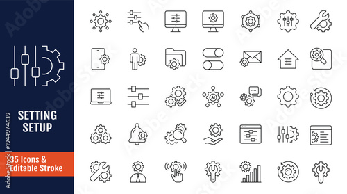 Setup Setting icon set. Outline icon with Editable stroke. Vector illustration 